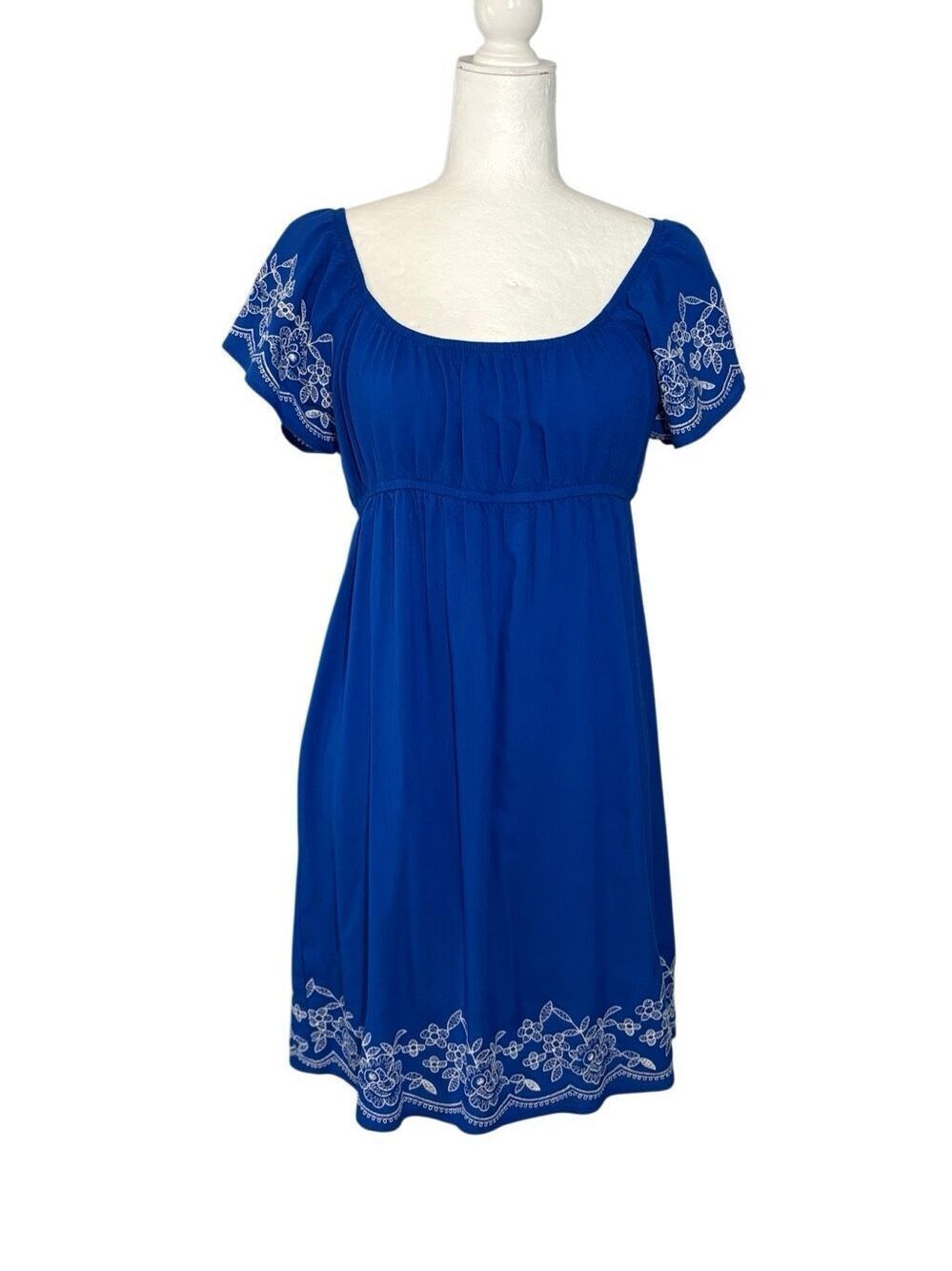 OneโClothing Royal blue empire waist dress with white embroidery - XL